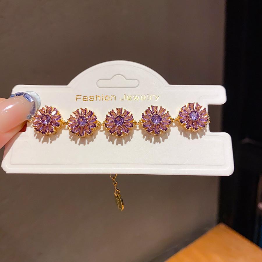 Fashion Flower Hand Chain Womens Stylish Gold Finish Zircon Stone Floral Jewelry Purple