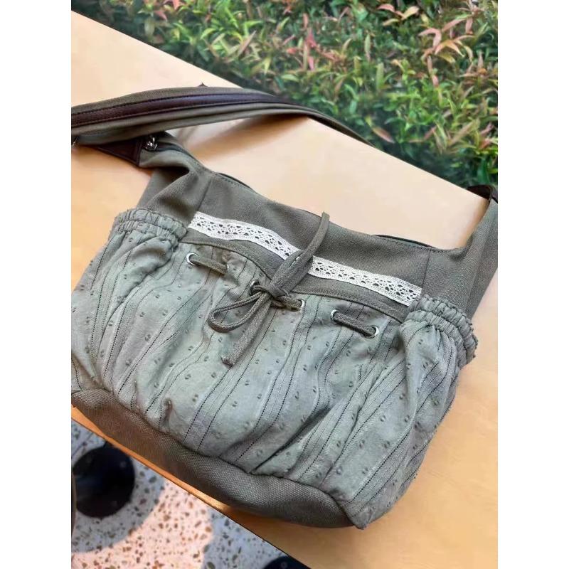 Sweet Cool Bow Canvas Shoulder Bags Women Vintage Drawstring Chic Casual Crossbody Bag Ladies Retro Messenger Bag Bolsos