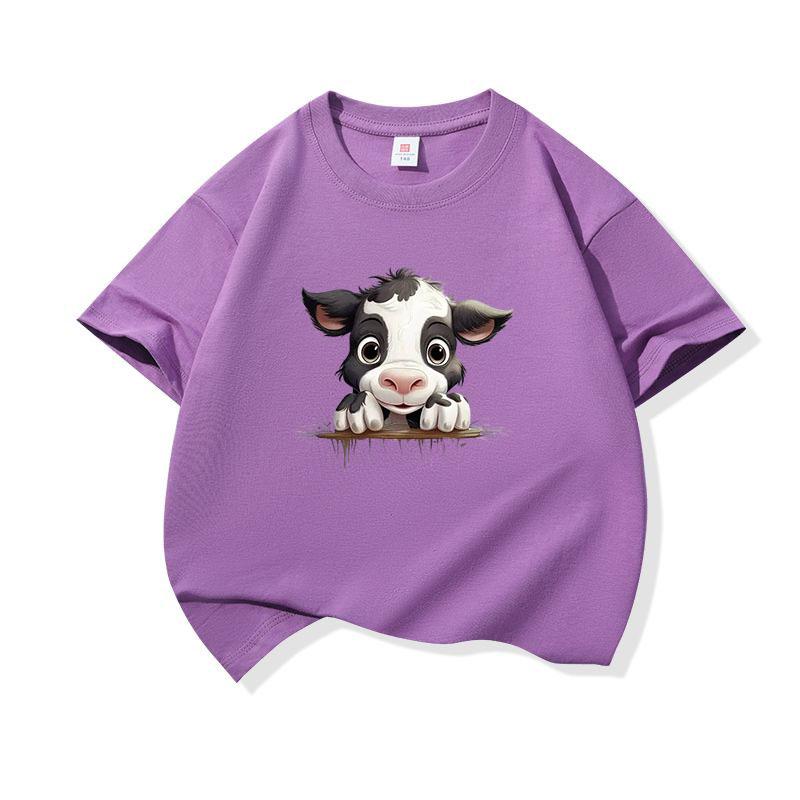 Kids Cotton T Shirt Black And White Cow Peeking Over Land Print Crew Neck Short Sleeve Tee Casual Boys Girls Summer Tops