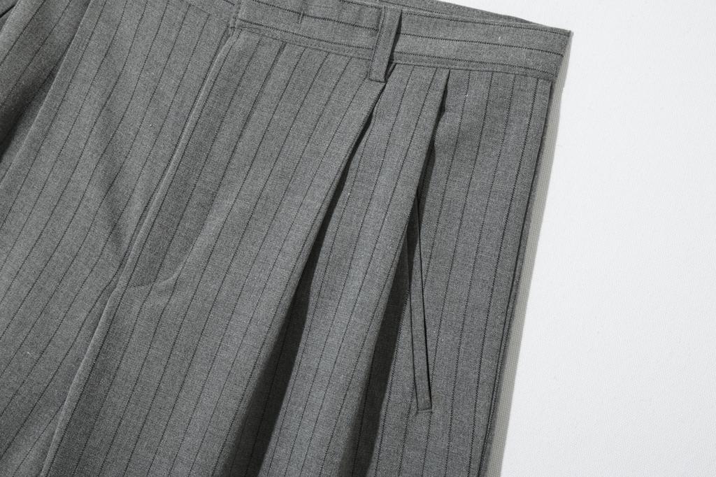 BASEMOMENT Double-Pleated Wide Striped Slacks Gray