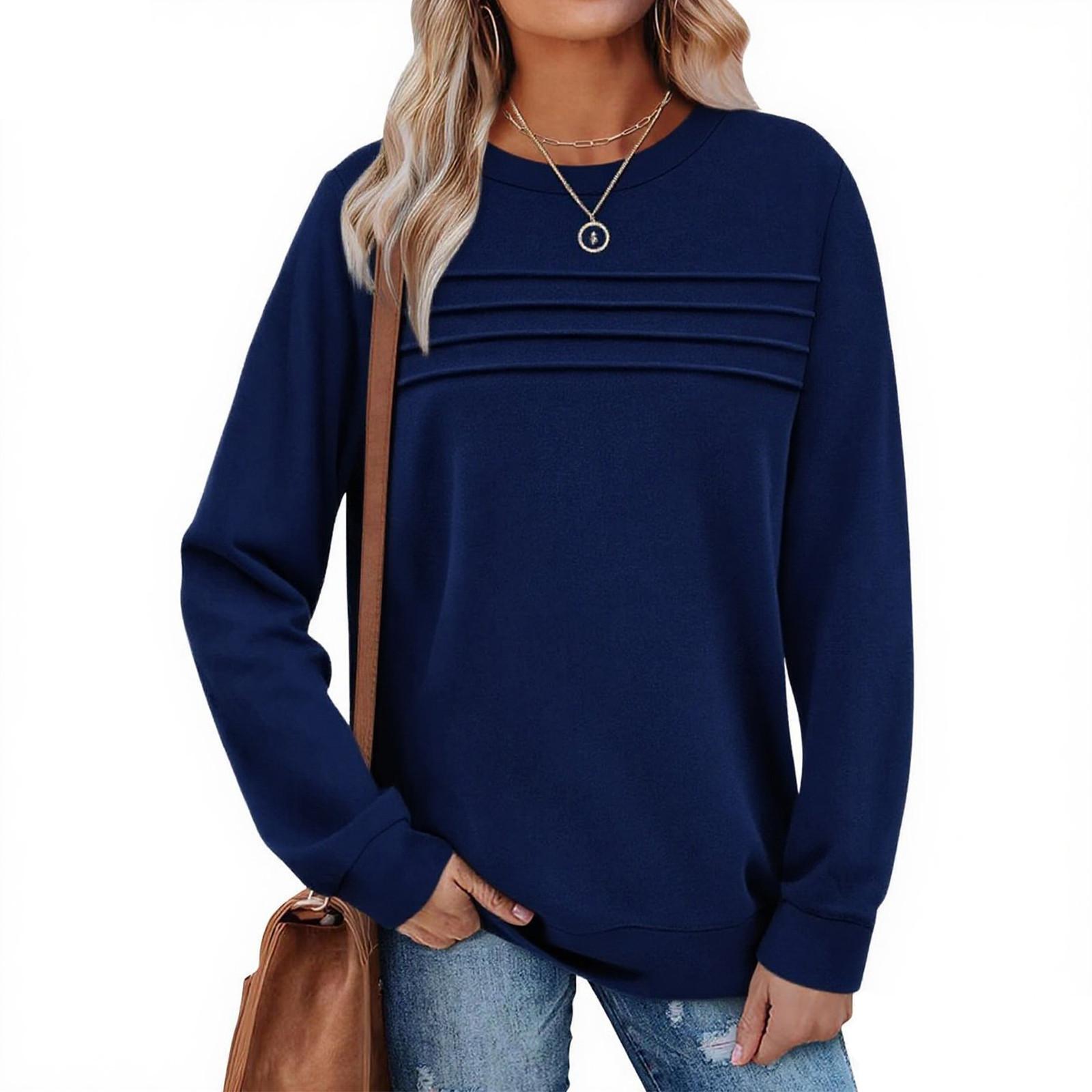 

Женский повседневный свитшот с длинным рукавом и круглым вырезом, приталенный плиссированный топ L синий