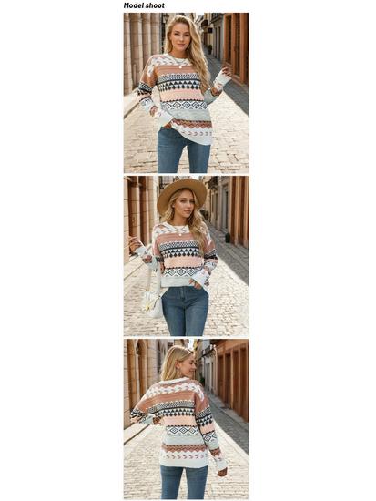 2025 Autumn/Winter Vintage Multi-Color Diamond Jacquard Patchwork Women's Pullover Sweater