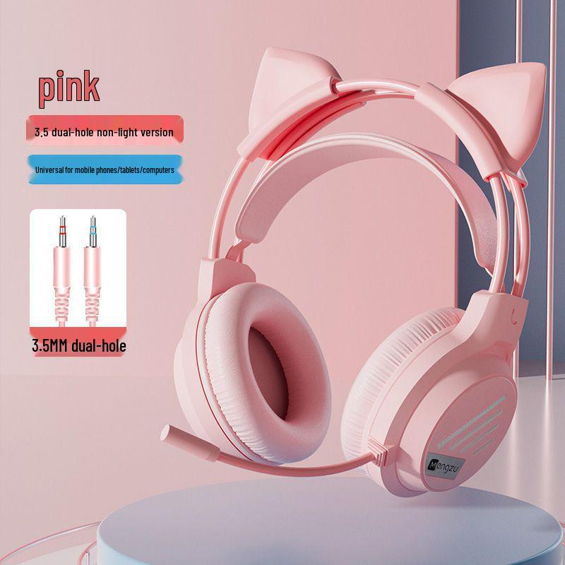 Glowing Cat Ear Wired Headphones: Cute Gaming Headset for Girls - Compatible with Desktop & Laptop Computers