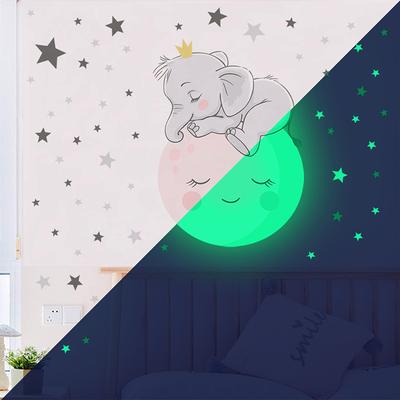 Cartoon Glow-In-The-Dark Smiley Face Moon Elephant Stars Children'S Room Background Wall Decoration Fluorescent Stickers