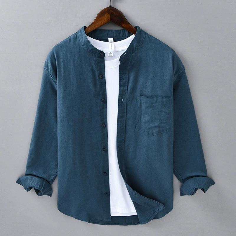 Cotton Linen Shirt Mandarin Collar Long Sleeve Casual Loose Fit Button-Up Shirt Men's Retro Camping Fishing