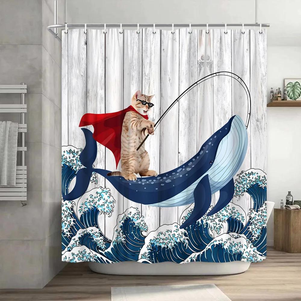 Funny Shower Curtain Brave Cat Cartoon Shower Curtain Waves Ocean Decor Fabric Shower Curtain Set with Hooks Bathroom Decoration