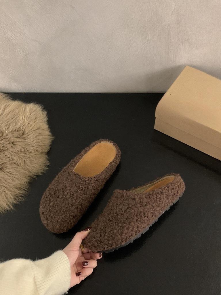 Platform Slippers Women's Autumn and Winter Retro Fluffy Bag Head Half Slippers Women Wear Lazy Muller Shoes