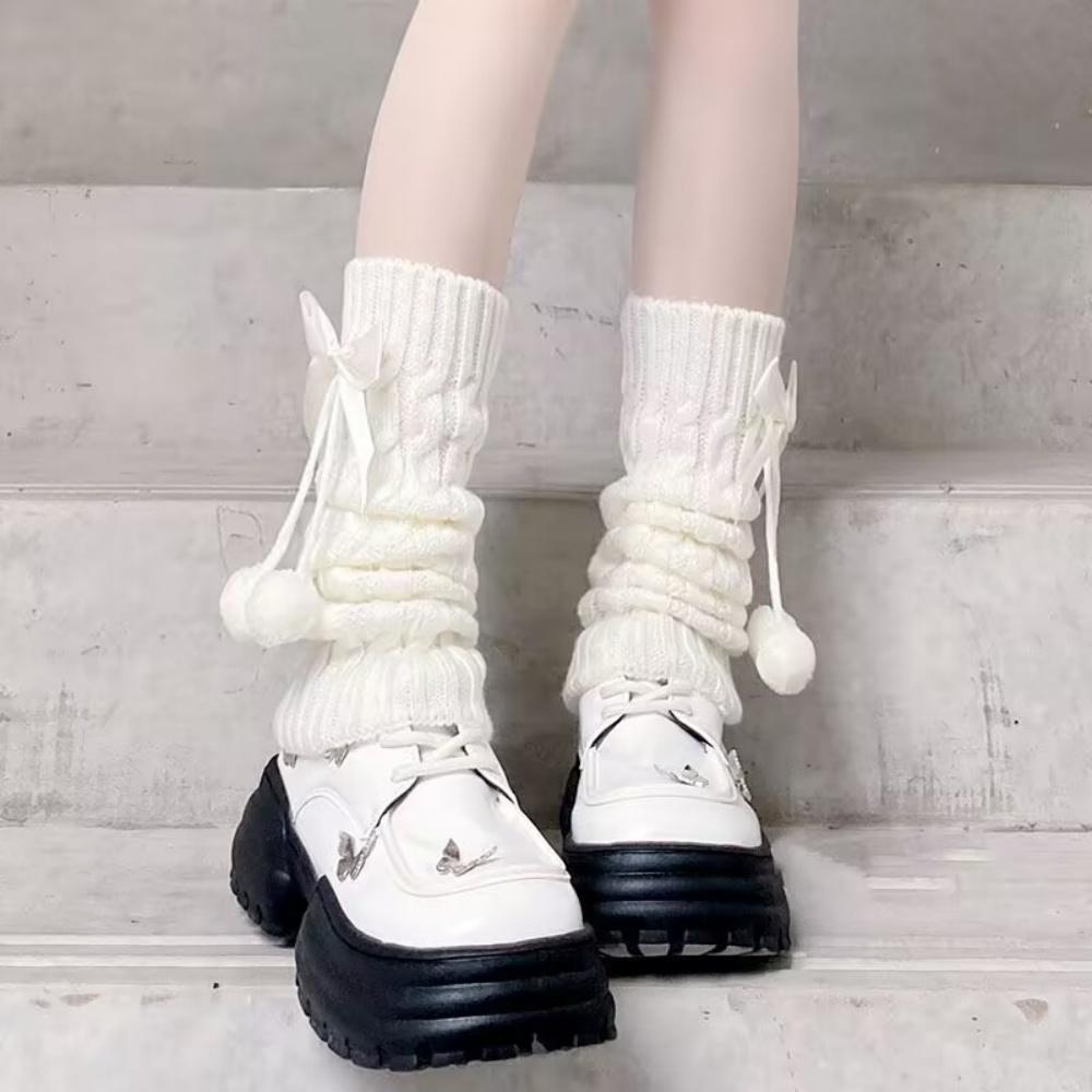 

Women Knitted Leg Warmers Autumn Winter Warm Long calf Leg Sleeves with Bow and Fur Ball Cute Knee High Socks Boot Cuffs One Size білий