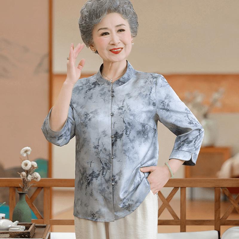 Yu Zhaolin Mid-Aged Women s Stand Collar Ink Print Summer Shirt 4XL синий