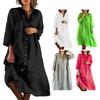 Women Summer Loose Shirt Dress Stand Collar 3/4 Sleeve Buttons Placket Solid Color Loose Fit Midi Dress Streetwear