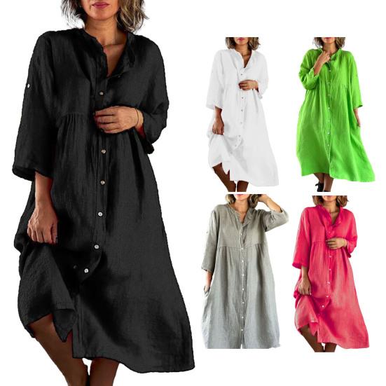 Women Summer Loose Shirt Dress Stand Collar 3/4 Sleeve Buttons Placket Solid Color Loose Fit Midi Dress Streetwear