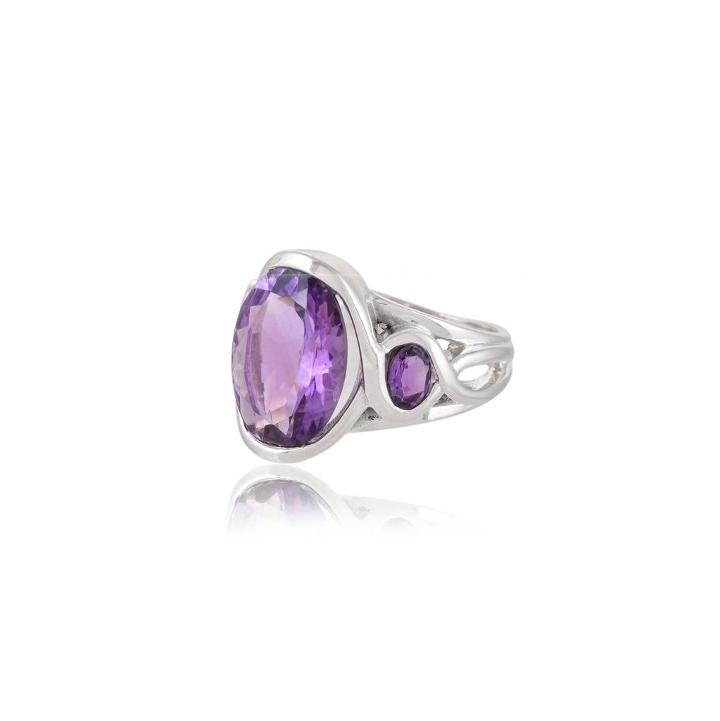 Sterling Silver Amethyst Ring - Oval Purple Gemstone Statement Ring with Accent Stone - Women's February Birthstone Jewelry