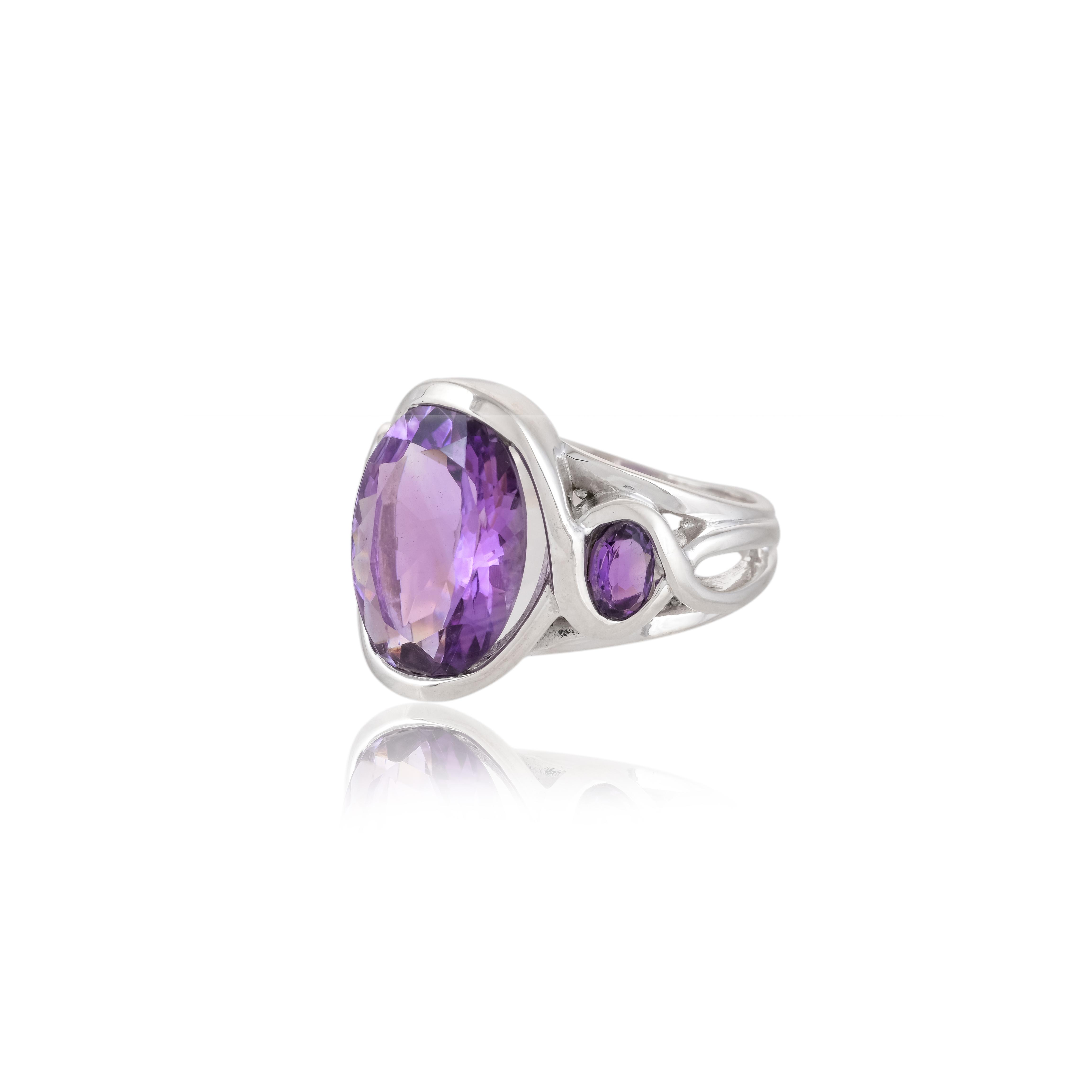 

Sterling Silver Amethyst Ring - Oval Purple Gemstone Statement Ring with Accent Stone - Women s February Birthstone Jewelry US 12.5
