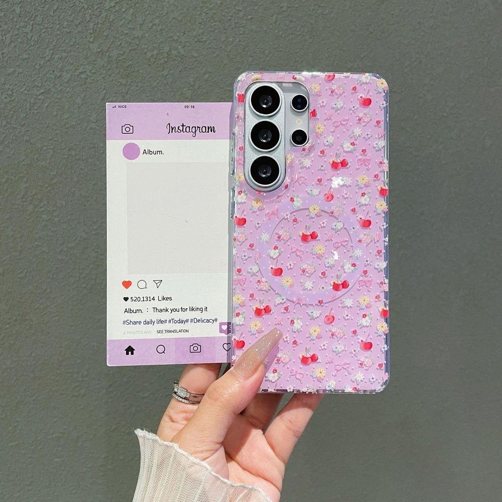 Cherry Blossom Floral Samsung S26 Ultra Magnetic Full Coverage Phone Case S24/S25 Protective Cover