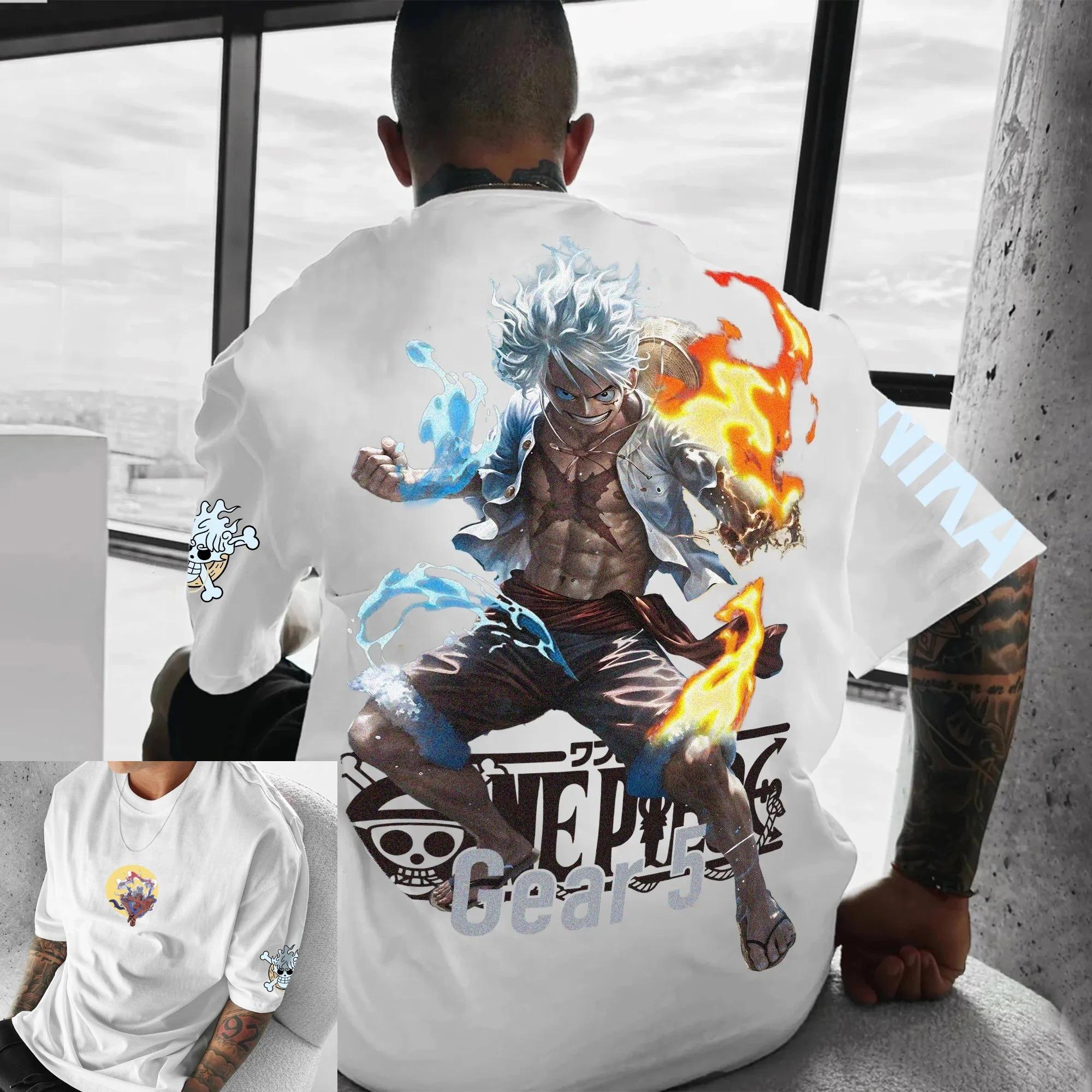 ONE PIECE Luffy T-Shirt Herren Schwarz Grafik-T-Shirt Anime Blauer Blitzdruck Baumwolle Oversized Streetwear Anime Cosplay Kurze Ärmel M