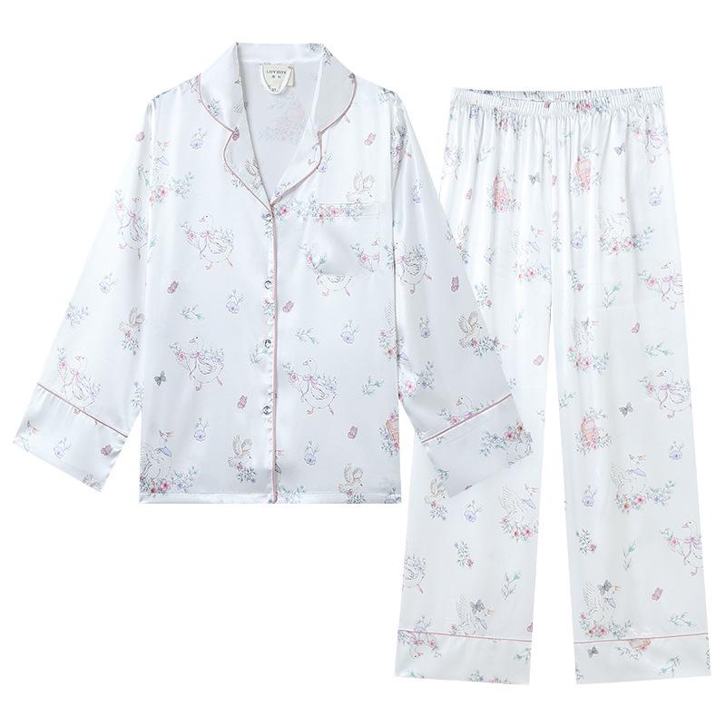 Women's Ice Silk Summer Pajamas - Long Sleeve Cardigan with Cute Cartoon Design