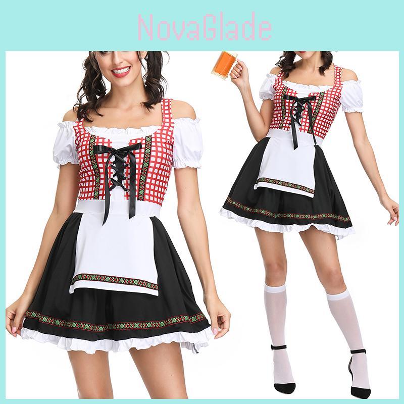 Elegant Bavarian Dirndl Dress For Women Featuring Off-shoulder Puff Sleeves Perfect For Oktoberfest Celebrations
