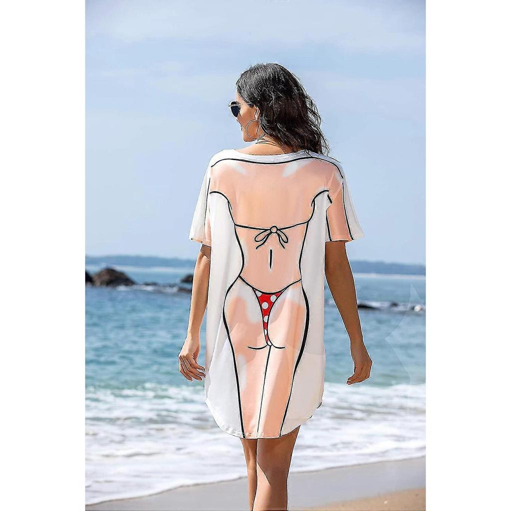 Damen Bikini Shirt Cover Up Kurzarm Niedlicher Bikini Print Cover-up Lockereres T-Shirt Kleid Lustige Kleidung