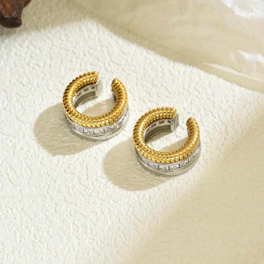 Fashion Luxury Zircon Gold&silver Color Clip Earrings for Women 18K Gold Plated Double Layer Wide Ear Cuff Waterproof Jewelry