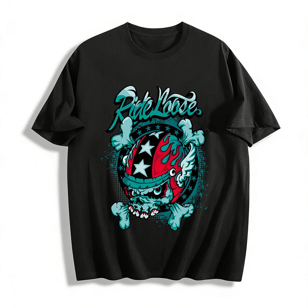Ride Loose Skull Flame Print Casual Motorcycle Style Tee Pure cotton T-shirt XXS