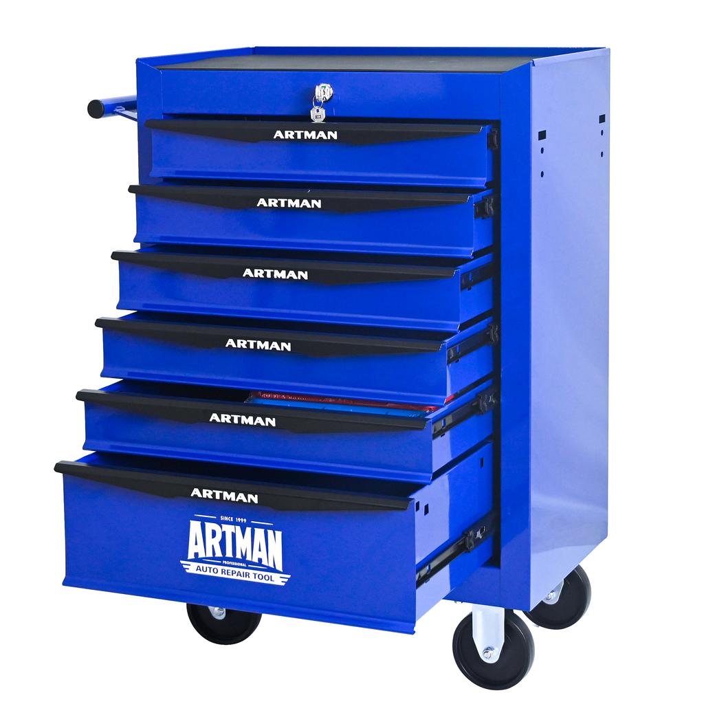 Mobile metal tool cabinet with 6 drawers, 508 mm (20 inch), ball-bearing drawer slides, organizing steel tool box – black-blue