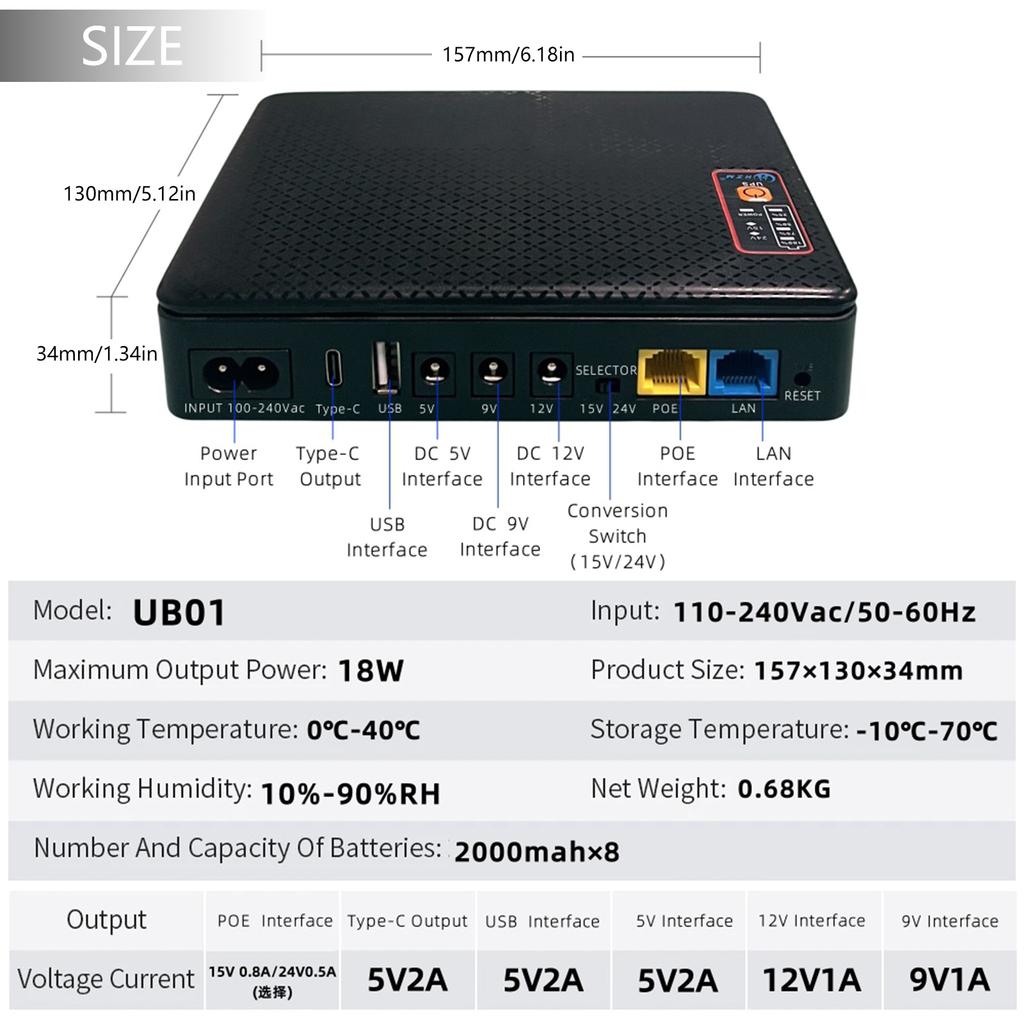 UPS 5V 9V 12V Input Router Modem Battery Backup Standby Power USB Charging Uninterruptible Power Supply
