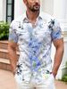 [Print Design - Not Textured] Men'S Blue And White Map Sailboat Print Short Sleeve Shirt, Island Vacation Lapel Shirt, Casual Cardigan Top