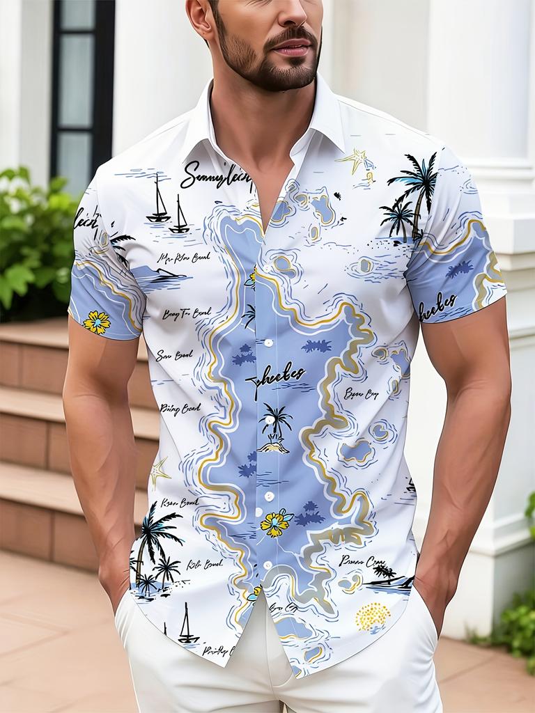 [Print Design - Not Textured] Men'S Blue And White Map Sailboat Print Short Sleeve Shirt, Island Vacation Lapel Shirt, Casual Cardigan Top