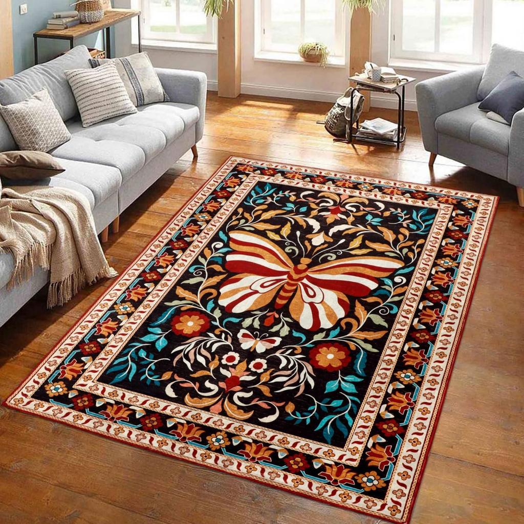 Pink Living Room Carpet Retro Butterfly Floral Print Bedroom Rug Machine Washable Non-slip Coffee Table Sofa Mats Tapis Alfombra