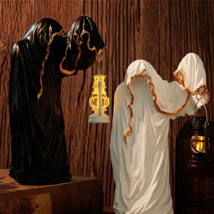 Halloween Wizard Holding Lanterns Sculpture with Intricate Carving Weather Resistant Resins Ornament For Mystical Displays