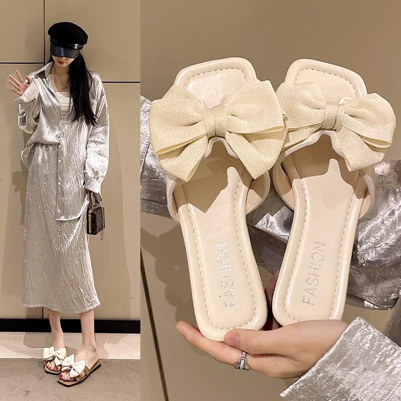 

Сандалии большого размера модный бант плоская подошва крутые тапочки женская обувь 2025 лето новые повседневные тапочки женские 35