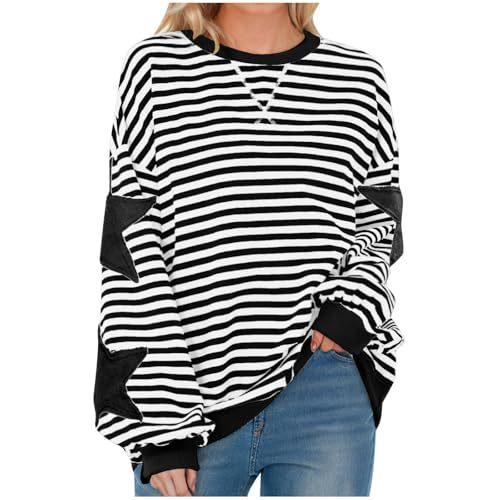 Women's Crew Neck Long Sleeve Sweatshirt A Line Fit Striped Star Patchwork Casual Spring Pullover Top