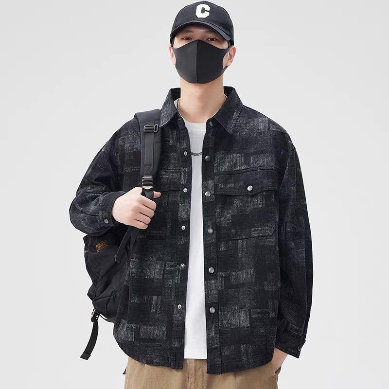 Men s Durable Retro Washed Denim Plaid Jacket XL