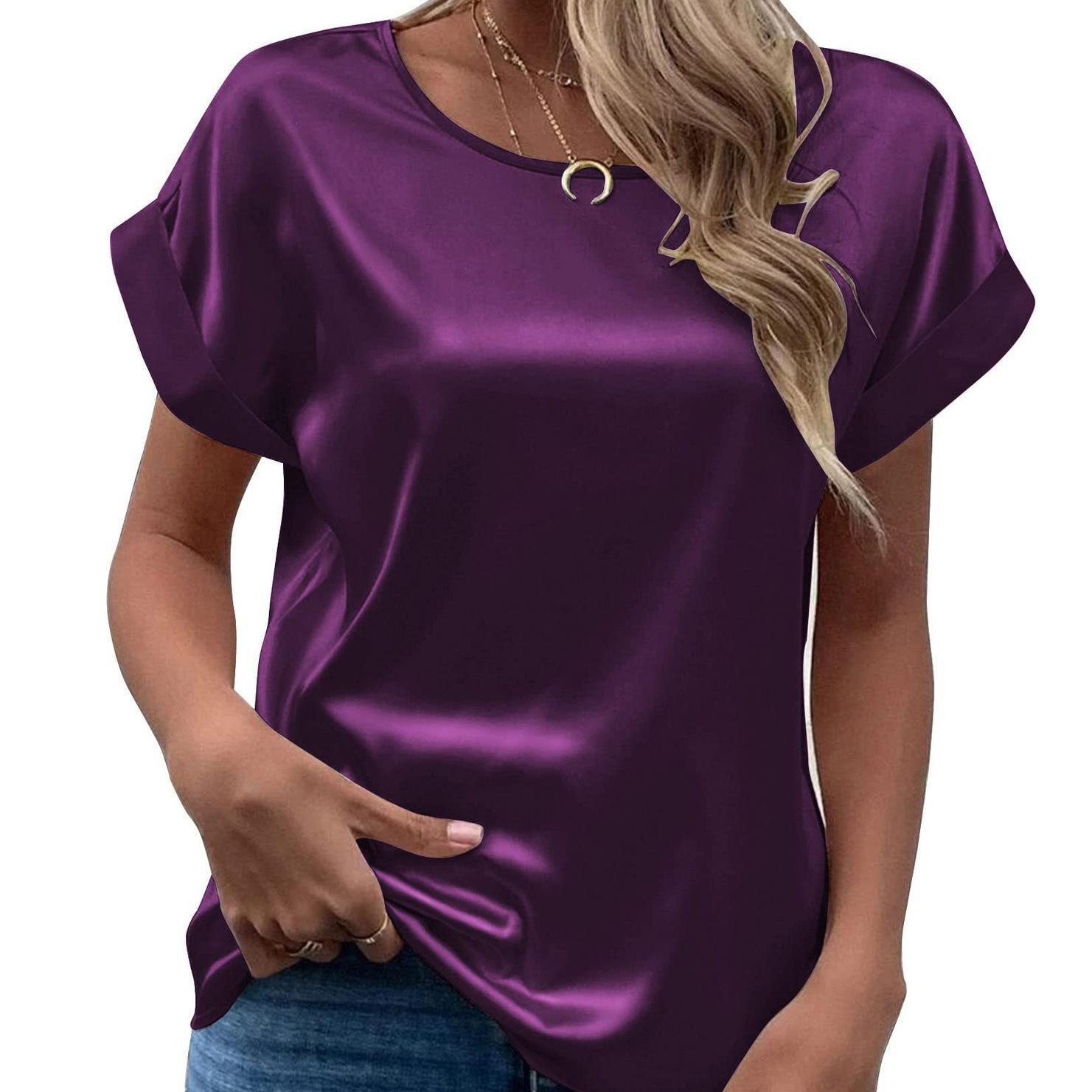 

Весенне-летняя новая женская атласная рубашка с короткими рукавами, свободная и повседневная цветная футболка с круглым вырезом для женщин 2XL фиолетовый