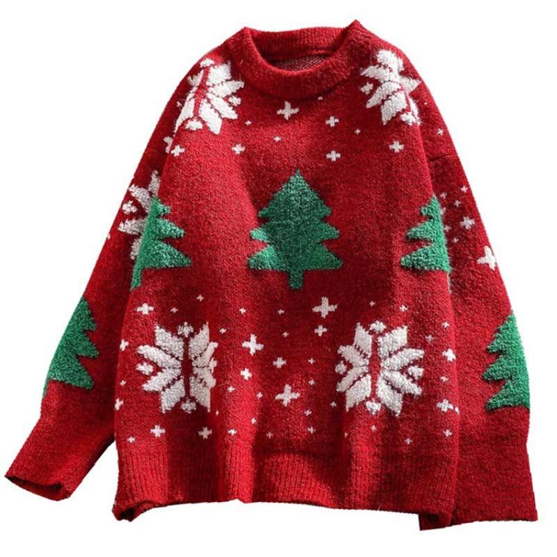 Loose outer wear lazy new sweater female autumn and winter student red versatile retro Christmas pullover knitted sweater top