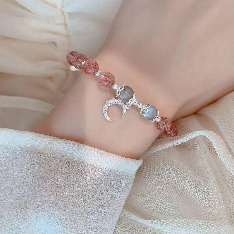 

Браслет из лунного камня и клубничного кристалла, женский, из стерлингового серебра, корейская версия, студенческий, простой, с индивидуальностью, розовый браслет, украшения со звездами и луной