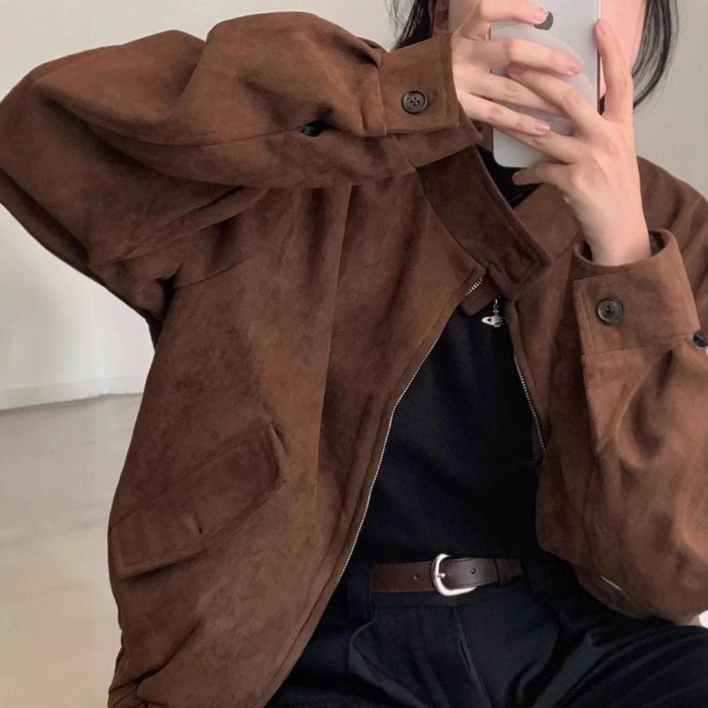 American Retro Women's Suede Jacket - Spring/Autumn 2025 Trendy Petite High-End Short Style