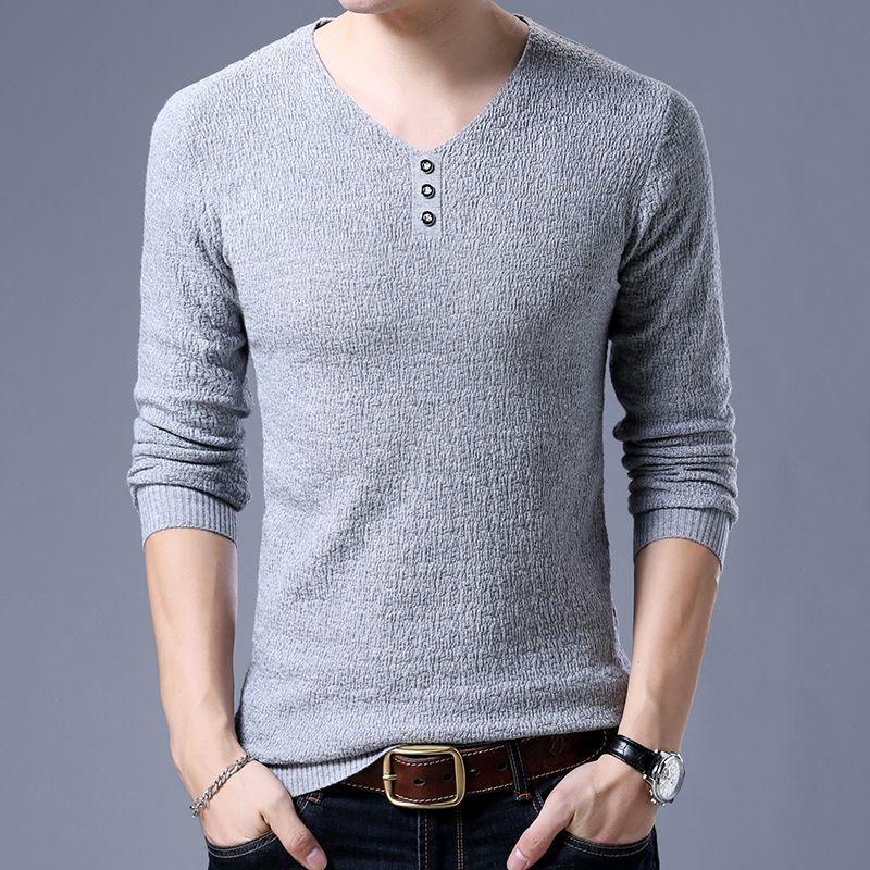 New V-neck Men's Sweater Korean Style Men's Sweater Button Bark Men's Sweater Slim Base Shirt Top