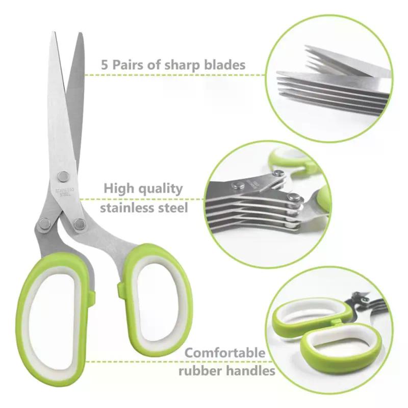 Herb Scissors Stainless Steel 5 Blade Kitchen Shears Household Vegetable Cutter with Cover Multifunctional Kitchen Gadgets