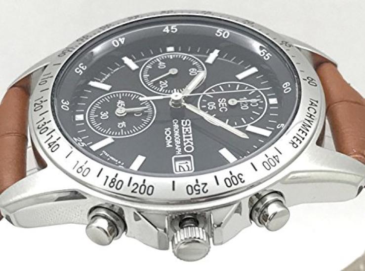 SEIKO Chronograph Uhr mit echtem Leder Offiziell in Japan vertrieben von Light oder Armband, Seiko, Schwarz, Braun, Kamel, SND367P1-LBR