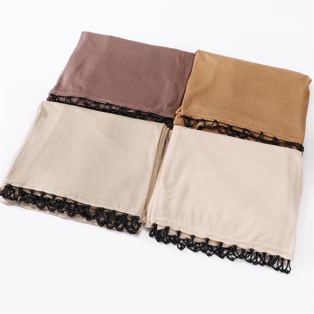 Handmade Beads Hijabs Mercerized Cotton Elasticity Jersey Hijab Muslim Women Basic Head Wrap Plain Solid Scarf Headscarf