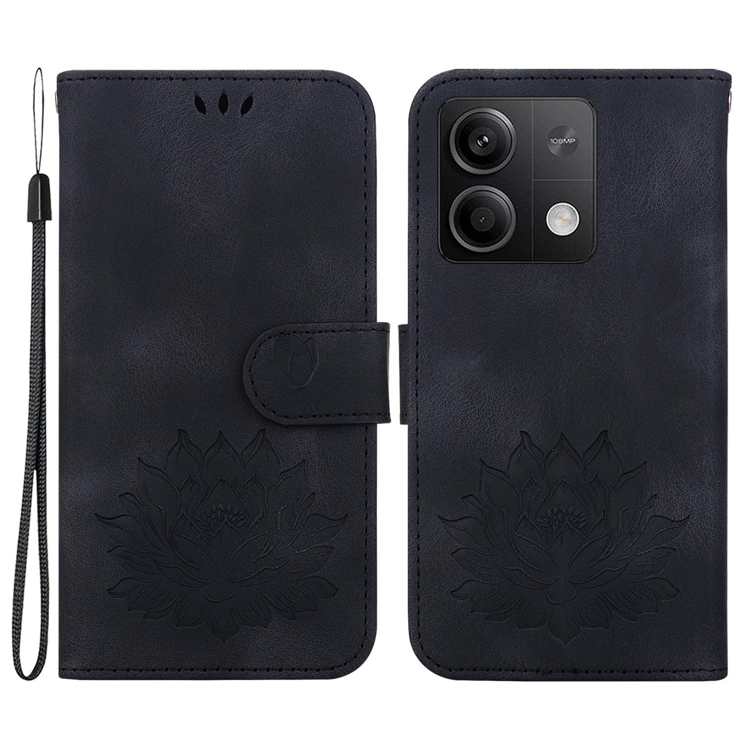 

For Xiaomi Redmi Note 13 5G Case Lotus Imprint Leather Wallet Phone Cover Black