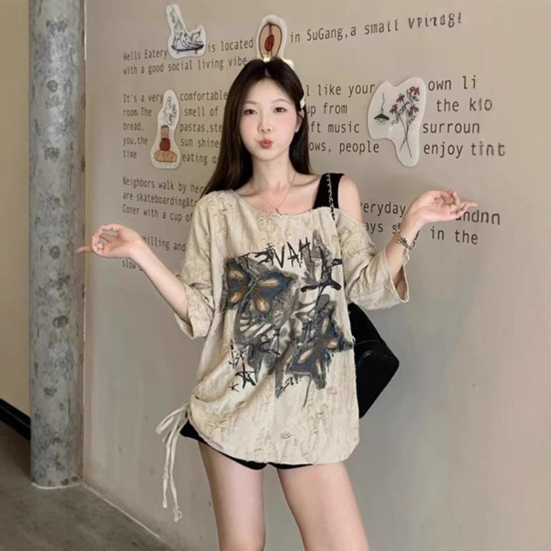 2025 Summer Chic Butterfly Off-Shoulder Women's Distressed Short Sleeve T-Shirt
