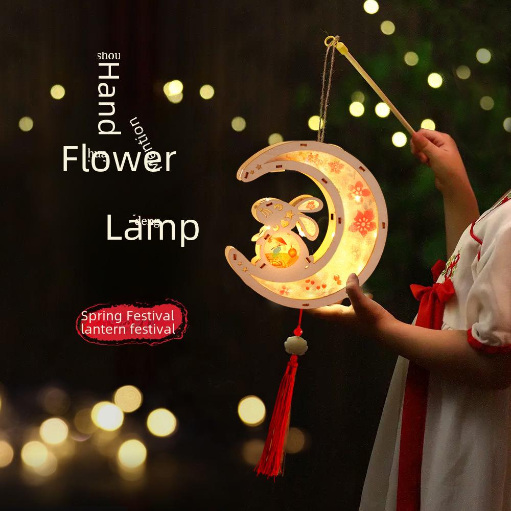 DIY Ancient Style Hanfu Luminous Rabbit Lantern Kit with Wooden Frame for Kids - Mid-Autumn Festival