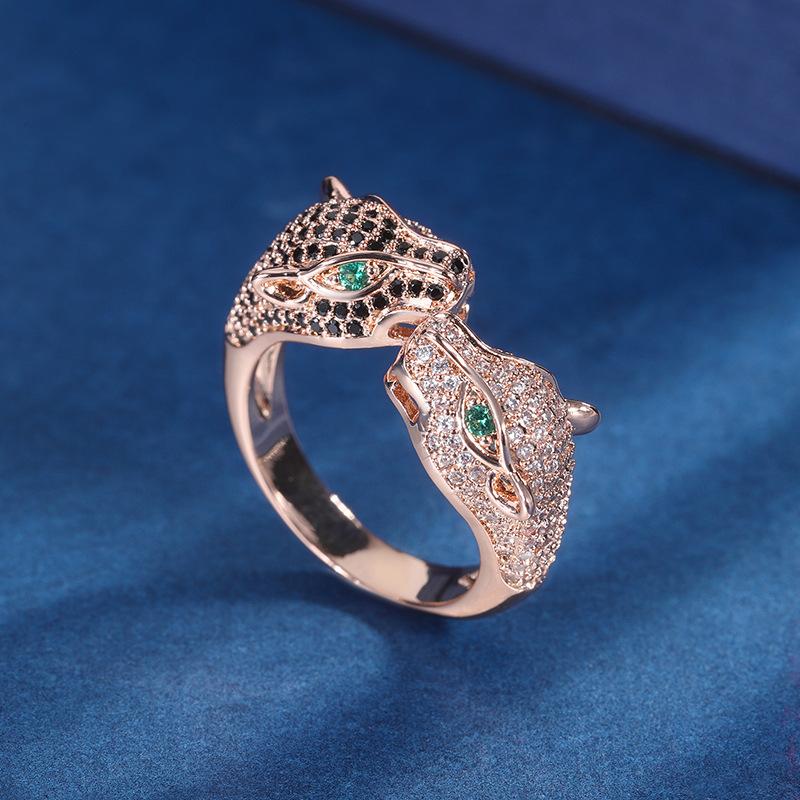 Jewelry Copper Bottom Gold-Plated Retro Full Diamond Luxury Inlaid Leopard Temperament Light Luxury Adjustable Ring