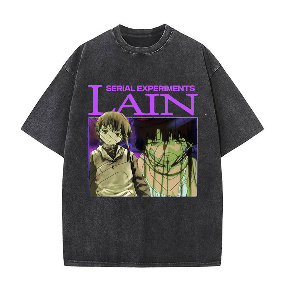 Japanese Anime Serial Experiments Lain Vintage Washed T Shirt Manga Iwakura Girl Sci Fi T-shirts Men 100% Cotton Casual T Shirt