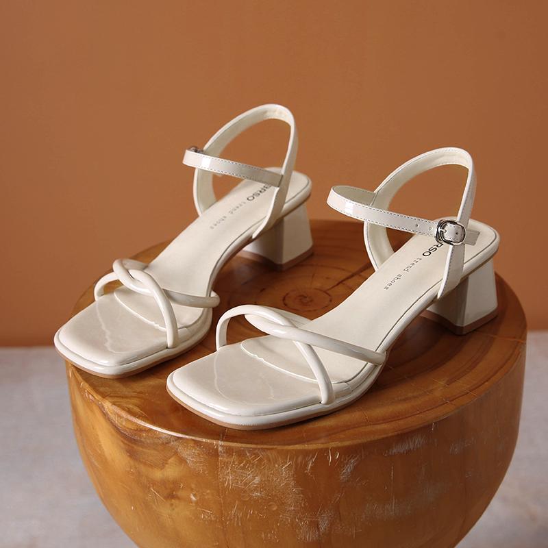 Women's Fashion Sandals Square Toe Open Toe Rough Heel One-line Buckle Shoes Dress Simple Retro Summer Women Sandalias De Mujer