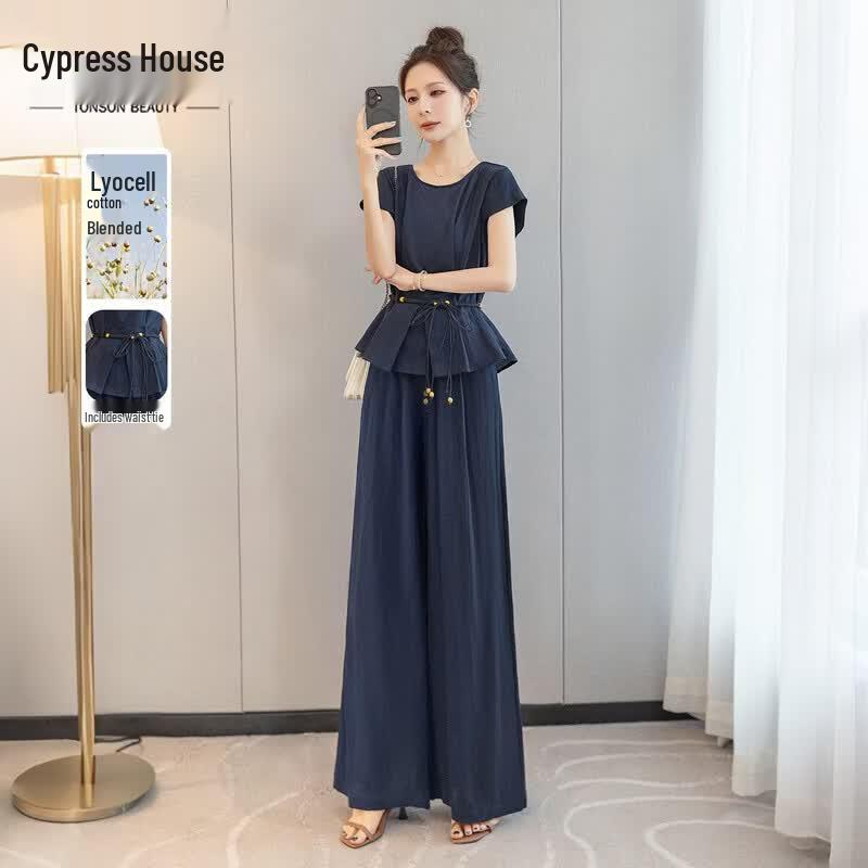Women s Tencel Linen Wide-Leg Pants Two-Piece Set L