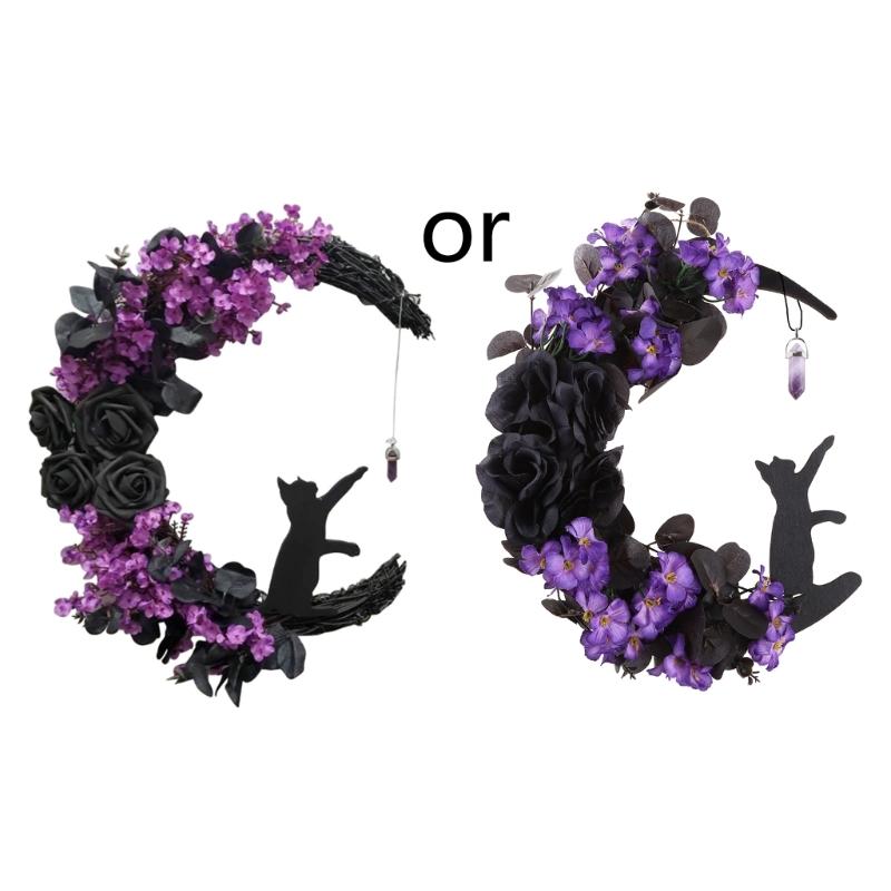 Halloween Wreath for Front Door Moon for Cat Rose Flower Garland Hanging Ornament Farmhouse Home Indoor Outdoor Decorations 1