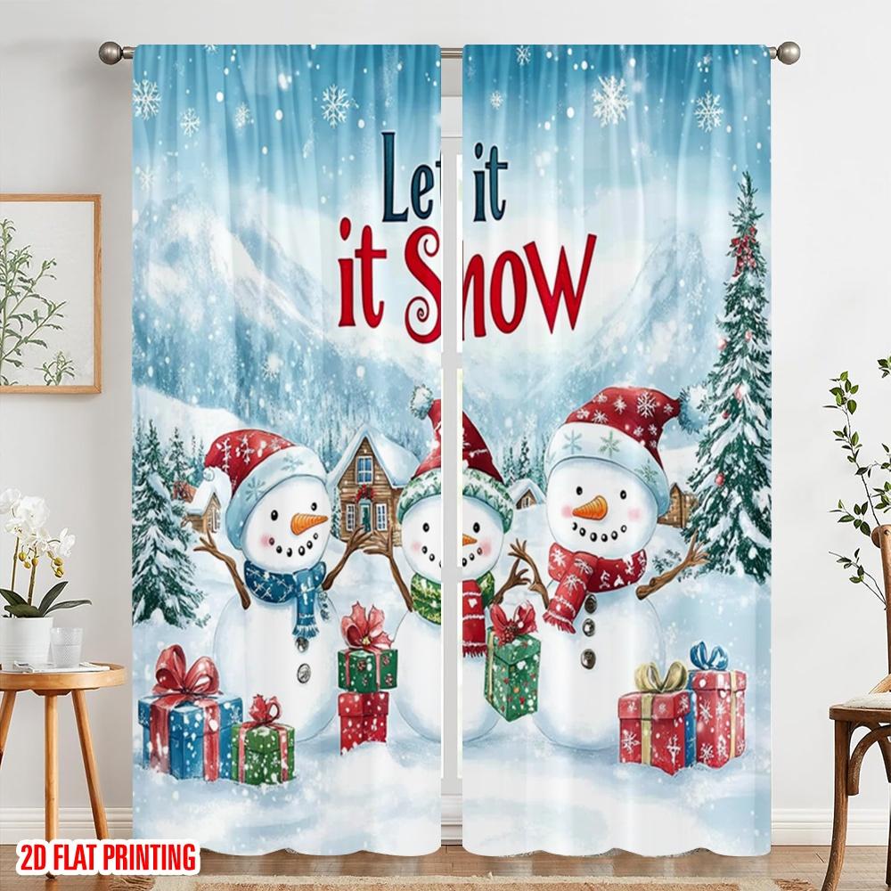 2 Stück, 2D-Flachdruck Kreative Vorhänge Winterschneeszene und Schneemann (2) Vielseitiger Polyesterstoff (ohne Stange) Wohnkultur